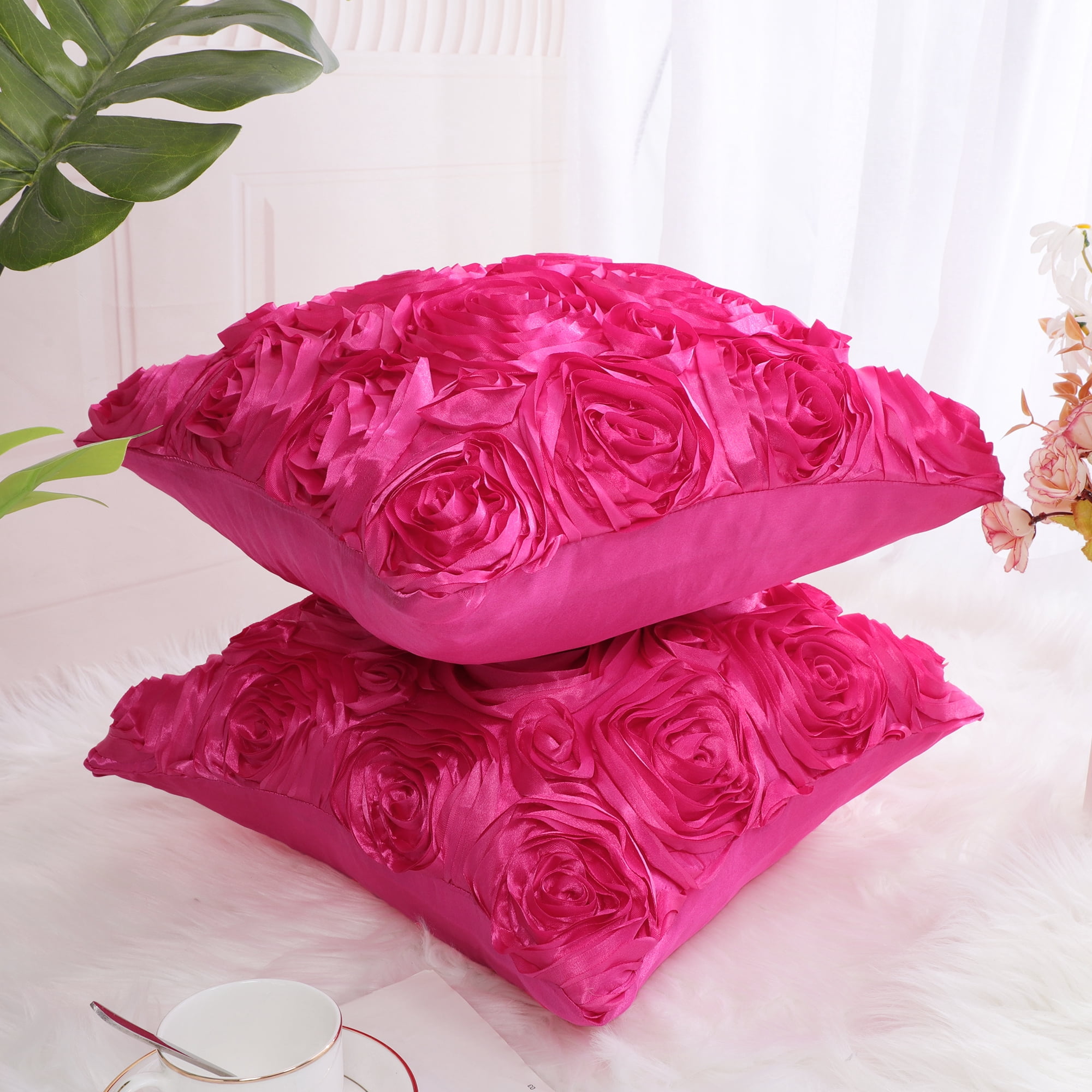 Unique Bargains 2-Pack 3D Flower Decorative Throw Pillow Covers 16" x 16" Fuchsia