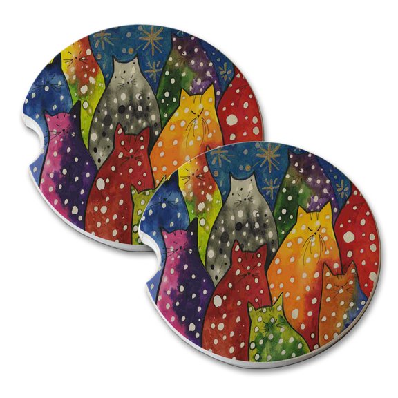 KuzmarK Sandstone Car Drink Coaster (set of 2) - Two-Tone Polka Dot Kitties with Stars Abstract Cat Art by Denise Every