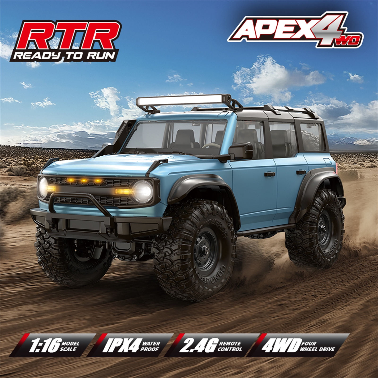 Remote Control Truck 1/16 Scale Offroads Play Vehicle with LED Roof Head Lamp Adult Outdoor Competitive Toy 4Wheel Drive