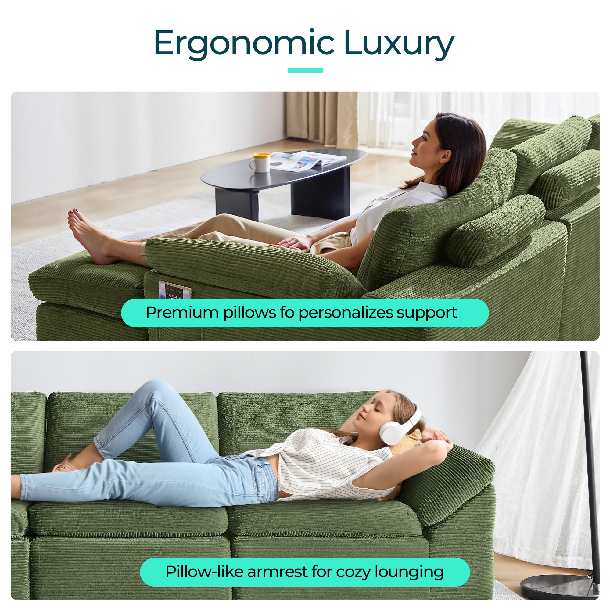 LINSY HOME Oversized 79" Boneless Sectional Couches for Living Room, Cloud Couch Sofa with Corduroy Fabric, 2 Seat Foam Sofa for Living Room, No Assembly Required, Green