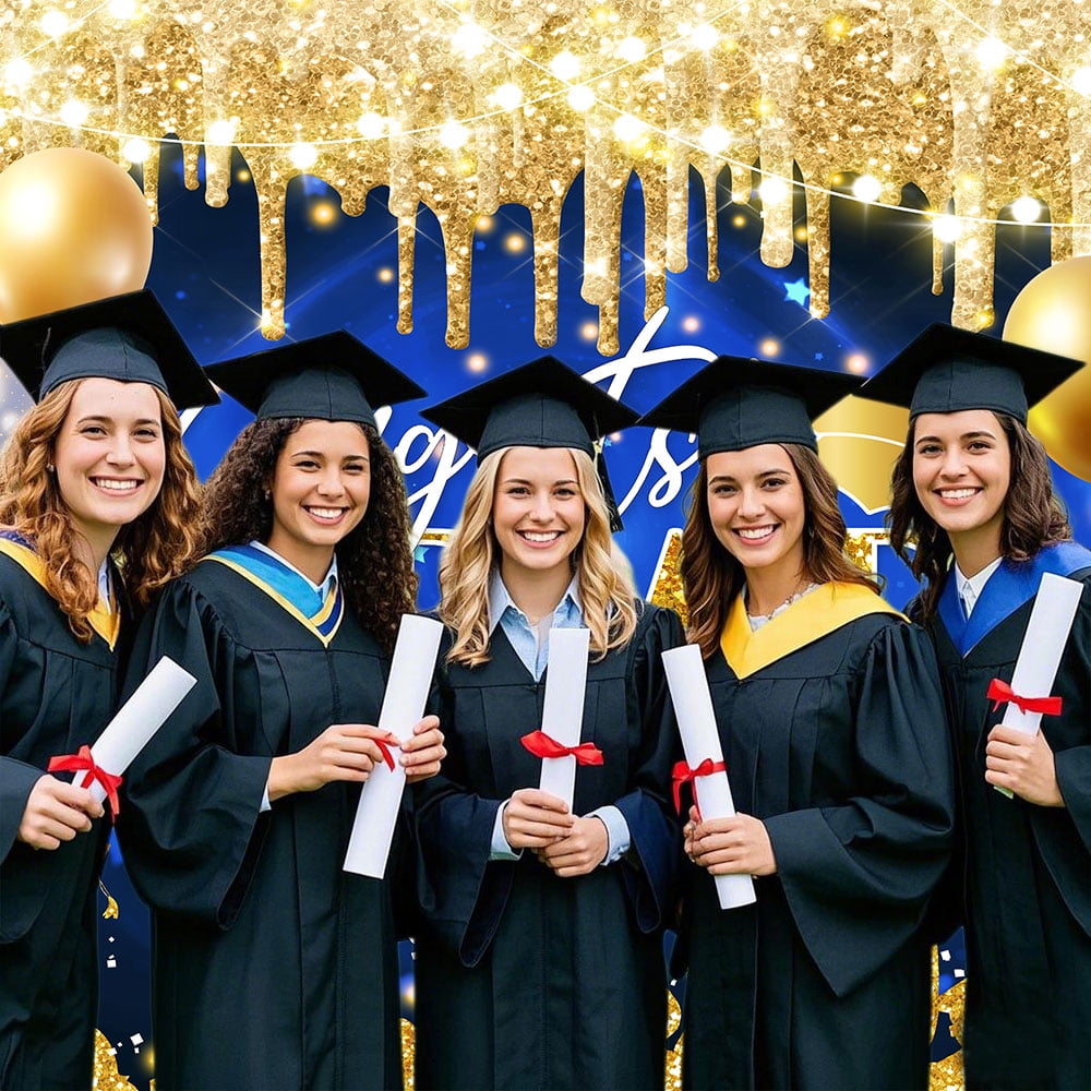 Graduation Party Backdrop Decorations Class of 2025 Blue Gold Congrats Grad Prom Party Photography Backdrops Banner Bachelor Cap Balloon Congratulations Party Background Photo Studio Props,10X6ft