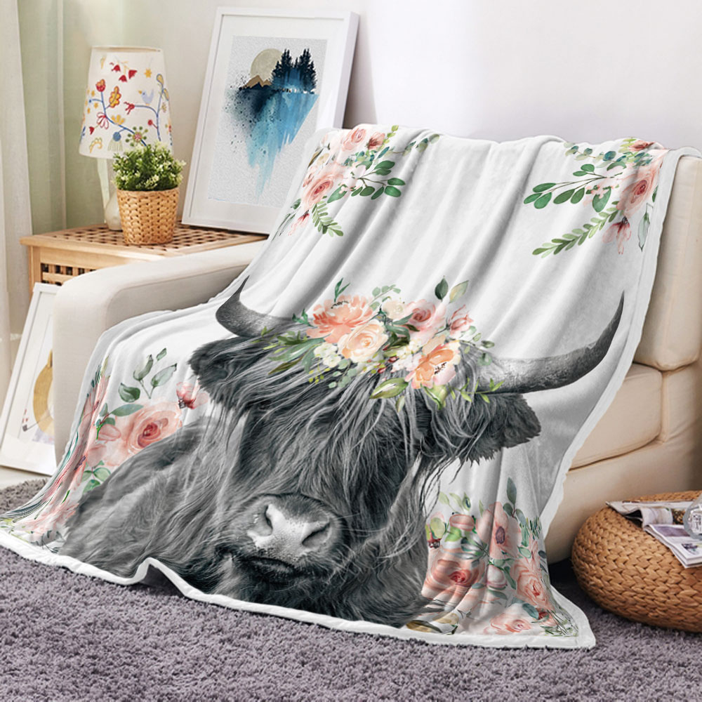 Rustic Highland Cow White Throw Blanket, Farmhouse Funny Cattle Cozy