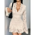 thumbnail image 4 of Women'S Long Sleeve Lace Floral Elegant Cocktail Dress V-Neck Mini Dress for Party Apricot Color L, 4 of 9