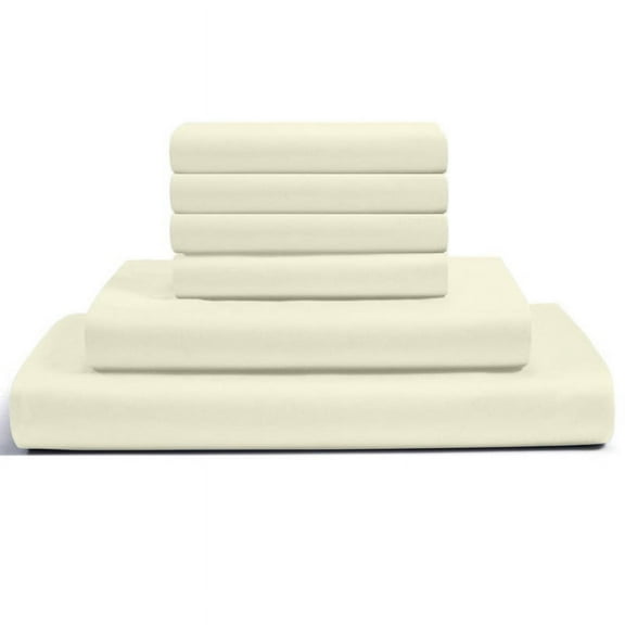 30-INCH EXTRA DEEP POCKETS -Twin Egyptian 600-TC Cotton 6-PC Sheet Set with 1 Fitted Sheet, 1 Oversized Flat Sheet 4 Pillowcases - Ivory