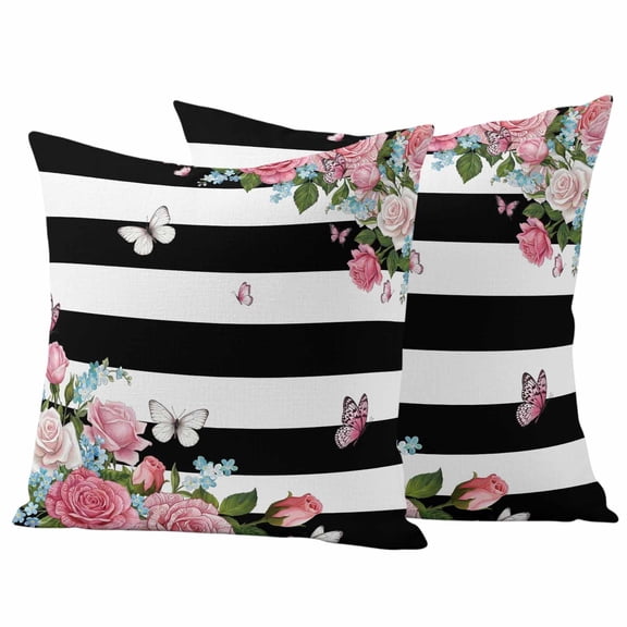2 Pack Outdoor Waterproof Throw Pillow Covers,Spring Rose Flower Butterfly Decorative Square Pillow Case Patio Pillowcases for Chair Couch Sofa 16x16in
