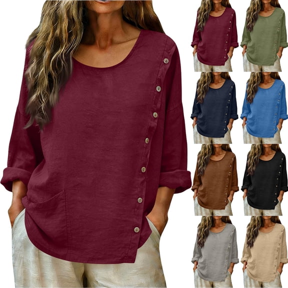 Paiwinds Women's Solid Color Linen Button Down Top Casual Long Sleeve Shirt with Side Pockets and Scoop Neck Lightweight Loose Blouse for Summer