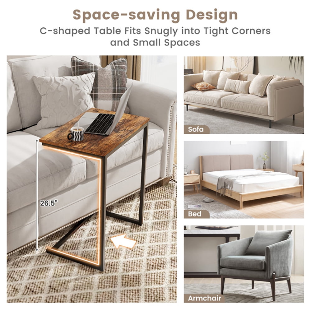 Finihen End Table, C-shaped Industrial End Table with Metal Frame, Sofa Side Table, Bed Side Table, for Living Room, Bedroom, Brown Finihen End Table, C-shaped Industrial End Table with Metal Frame, Sofa Side Table, Bed Side Table, for Living Room, Bedroom, Brown