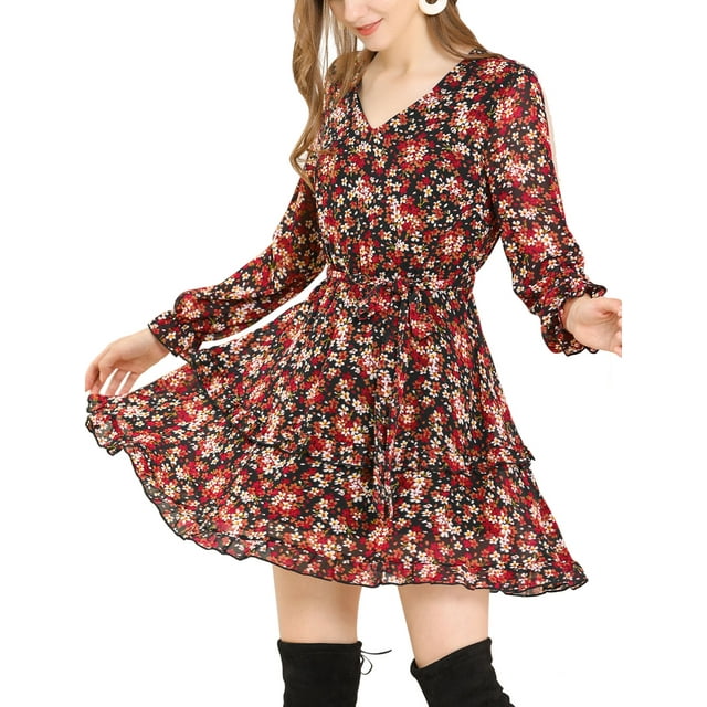 Unique Bargains Robe à Manches Longues Élastique à Ourlet Volanté avec Ceinture pour Femmes