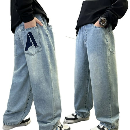 

MXIEZI Toddler Boys Fall Solid Color Jeans 5-15Y Kids Letter Demin Pants Spring High Waisted Casual Baggy Sweatpants