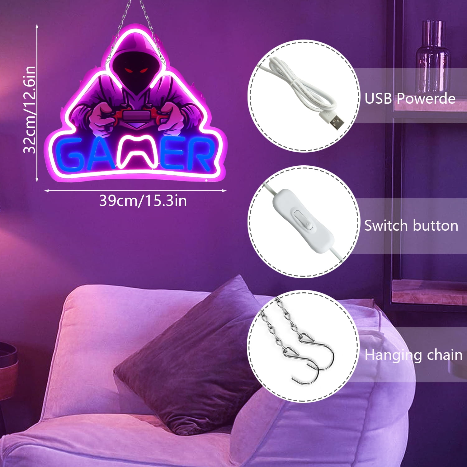 JFLLamp LED Neon Sign Gaming Theme Light Purple Blue Wall Decor USB Powered Acrylic Backboard Hanging Light for Room Setup