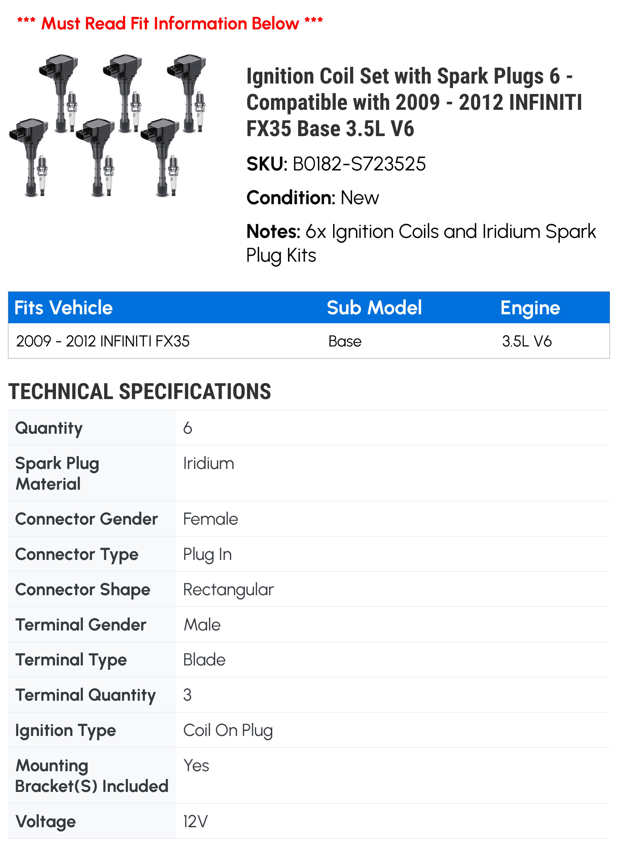Ignition Coil Set with Spark Plugs 6 - Compatible with 2009 - 2012 INFINITI FX35 Base 3.5L V6 - Autopart Premium