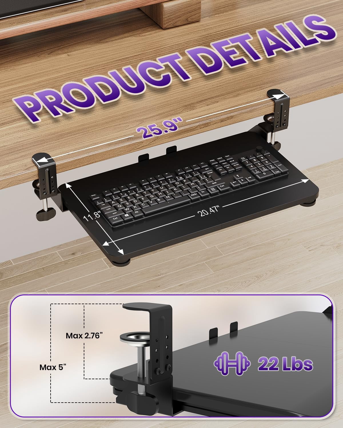 Mouse & Tray Under Desk  Pull Out With Adjustable C-clamp 20 (25.9 Including Clamps) X 11.8 Inch Slide Computer Drawer For Typing Black