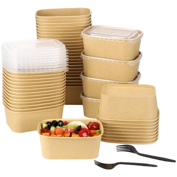 50 Sets Disposable Kraft Paper Bowls, 29.76 fl oz Rectangular Food Containers with Lids, Include 50 Spoons and 50 Forks, Brown Take-Out Paper Bowls for Salad, Party, Picnics