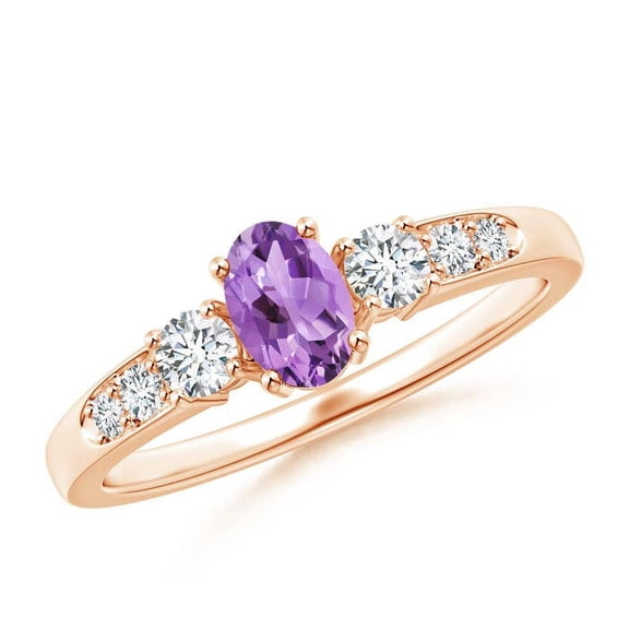 ANGARA Natural Three Stone Amethyst and Diamond Ring with Accents in 14K Rose Gold for Women (Size-6x4mm) | February Birthstone, Birthday, Anniversary, Jewelry Gift for Women | Natural Amethyst Ring