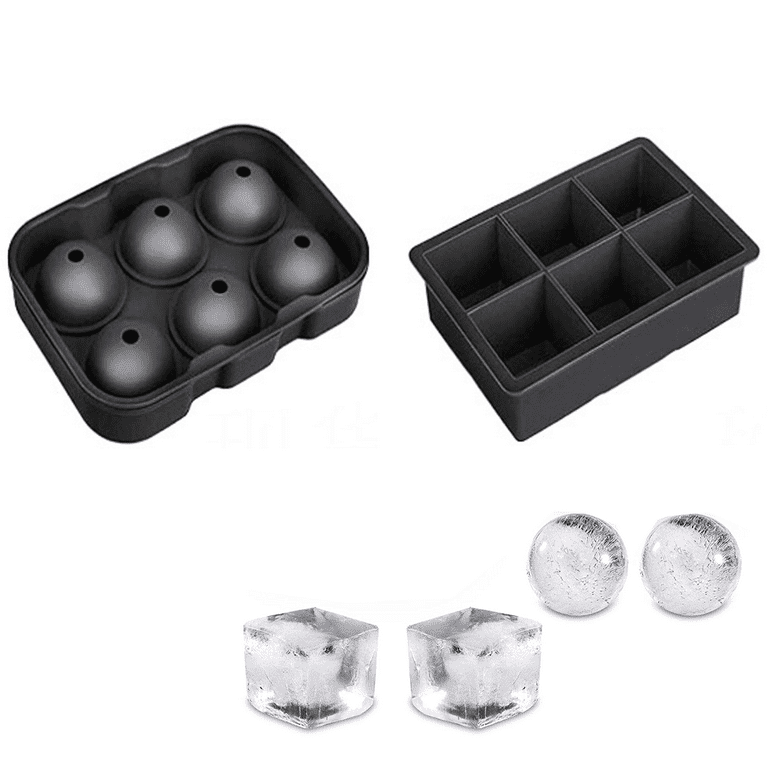 Ice Cube Tray, Large Square Ice Tray and Sphere Ice Ball Maker with Lid for  Whiskey, Reusable and BPA Free (Silicone Ice Cube Molds Set of 2) 