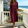 thumbnail image 5 of QIYAGBSA Summer Dresses for Women Cotton Linen 3/4 Sleeve Relaxed Fit Midi Dress with Pockets and Side Slits Casual Vacation (Wine, XL), 5 of 6