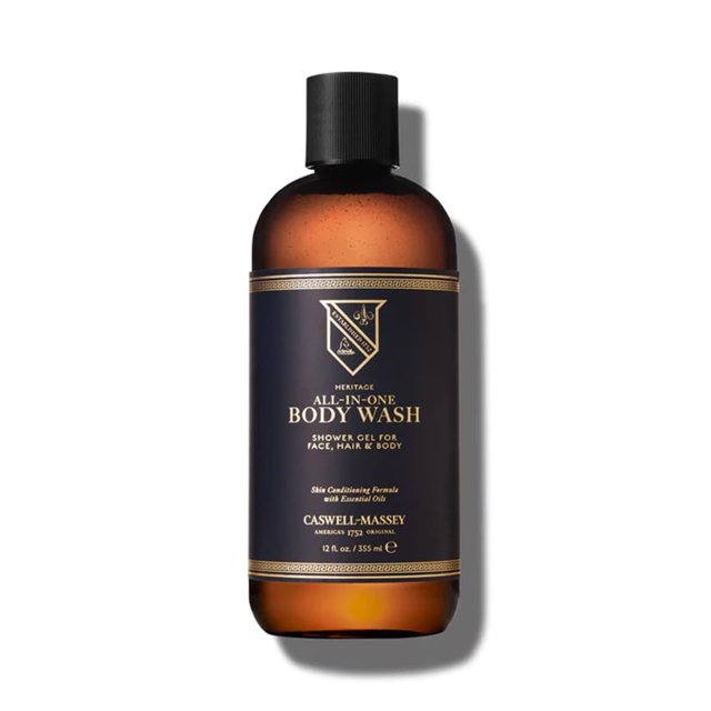 Caswell-Massey Heritage gel de baño todo en 1 para uso como lavado de cara, champú para lavado de barba, gel de lavado corporal y gel de afeitado, jabón Signature Heritage para hombres, 12 onzas líqui