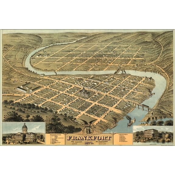 24"x36" Gallery Poster, Birdseye view map of Frankfort, Kentucky 1871