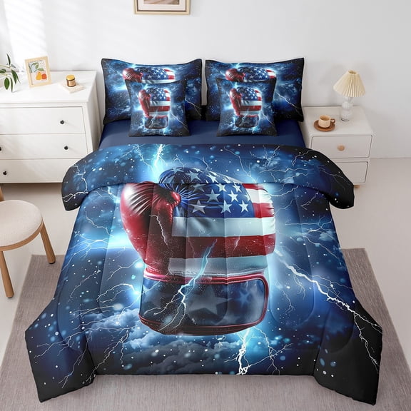 Erosebridal Modern Boxing Bedding Sets Twin Size, Neon Lightning Comforter Sets with Sheets, Extreme Sports Reversible Bed Set, Ultra Soft Bedroom Decor, 7 Pieces