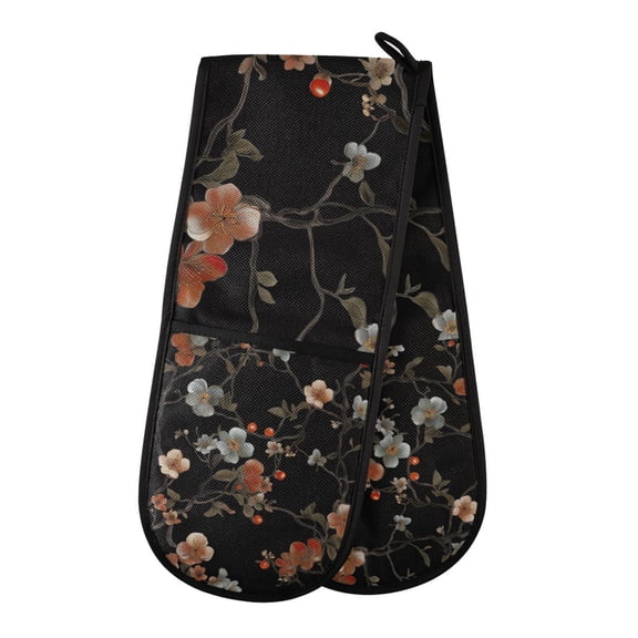 Yayeee Double Oven Mitt Kitchen Heat Resistant Baking 35" x7" Quilted Glove, Black Flowers