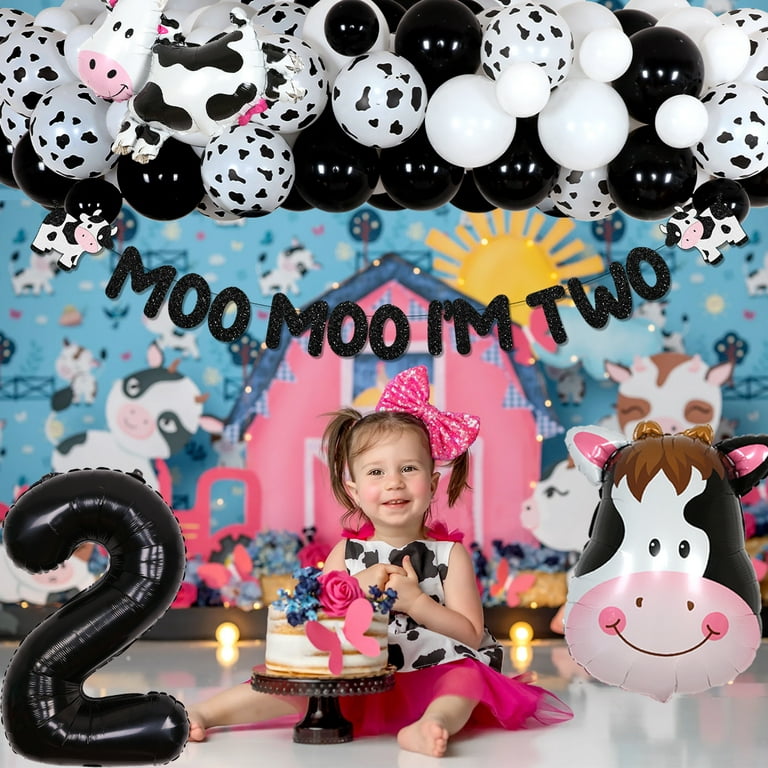  Moo Moo I'm Two Birthday Decoration Cow Theme 2nd Birthday  Banner Cow Two Cake Topper Kids Boy Girl's Happy Second Birthday Party  Supplies Glitter Pink Decor : Toys & Games