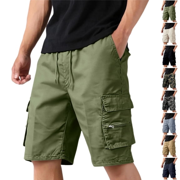 Mfakffe Men's Cargo Shorts Casual Lightweight Cotton Shorts Summer Classic Knee Length Short Pants Elastic Waist Wide Leg Trousers (Army Green, 3XL)