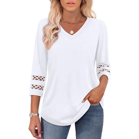POENTAB Womens V Neck 3/4 Sleeve Tops Casual Dressy Blouse Loose Fit Curved Hem Tunic Tees Hollow Out Shirts White