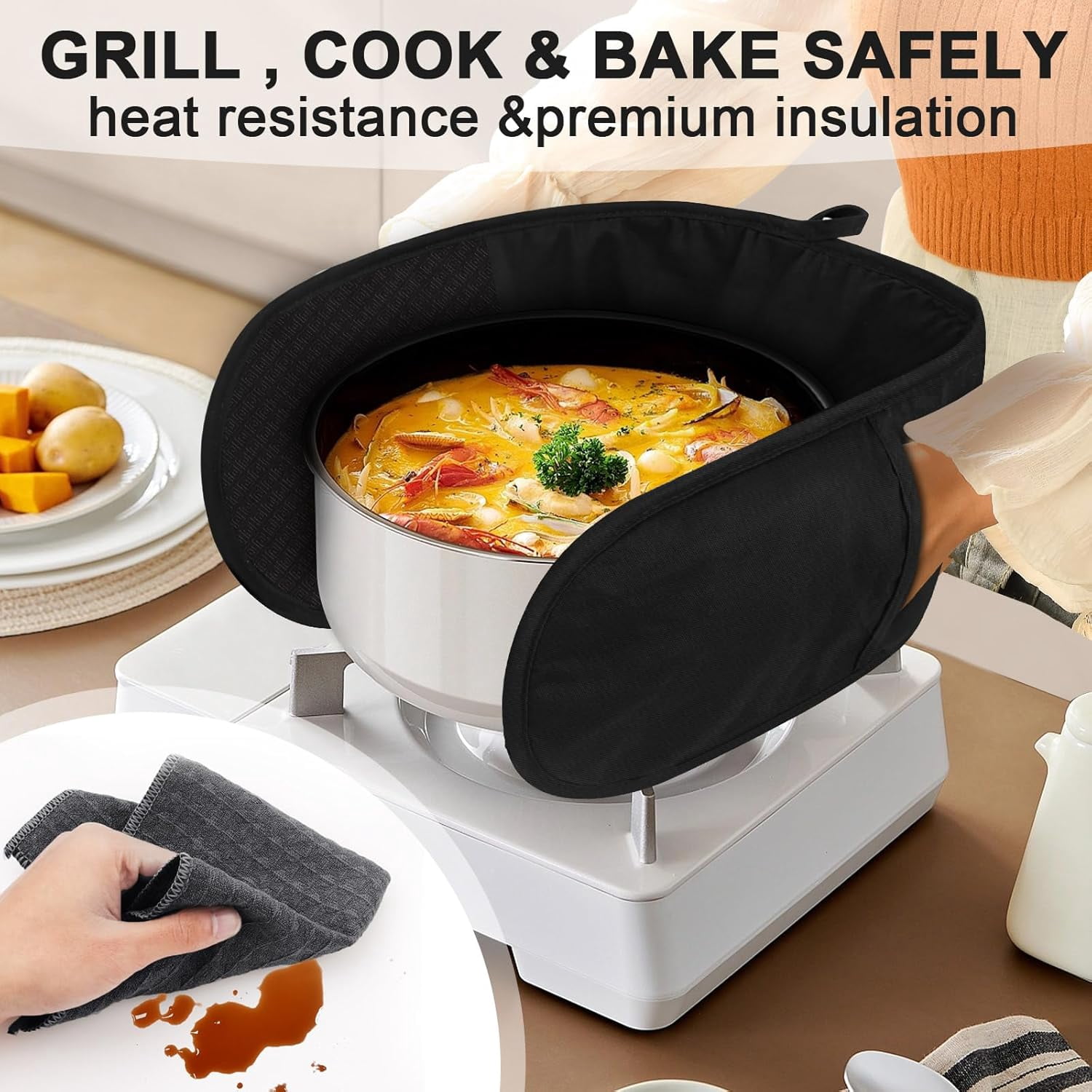 Black Double Oven Mitts，Heat Resistant 260℃ Waterproof Silicone Glove Kitchen Gloves Oven Extra Long Oven Mitts with Non-Slip Silicone Surface for Baking, Cooking, BBQ