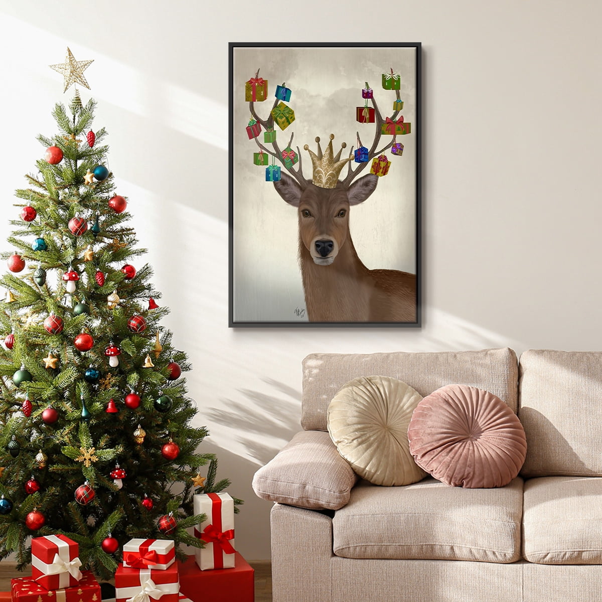 Christmas Gift Bearing Deer - Framed Gallery Wrapped Holiday Canvas - 25 x 37 - Black Frame