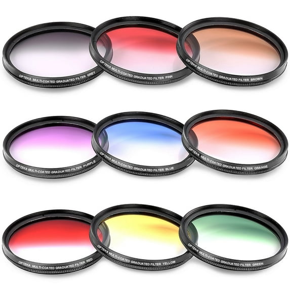 Opteka 9-Piece HD Multi-Coated Graduated Color Filter Set (72mm) Includes: Red, Orange, Blue, Yellow, Green, Brown, Purple, Pink & Grey ND Filters