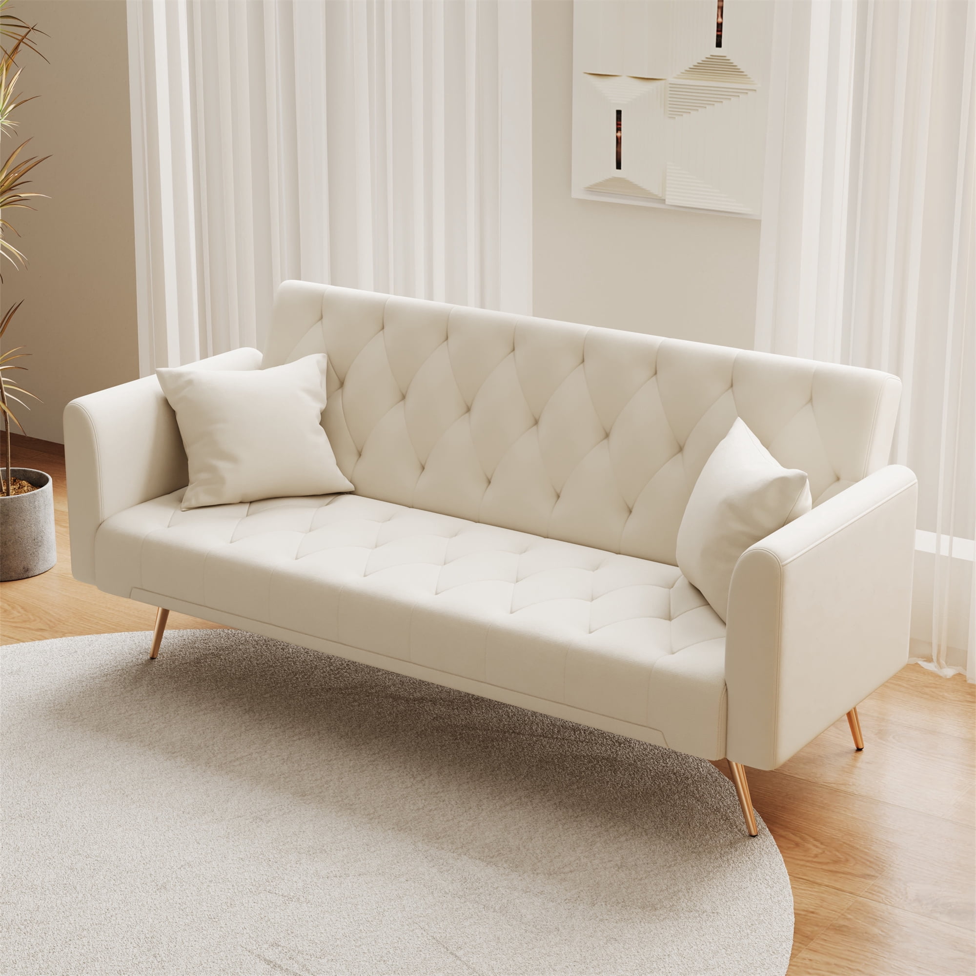Aukfa Curved Arm Futon Convertible Sofa Bed for Home Office, 2 Pillows, Tufted Back, Velvet, Beige