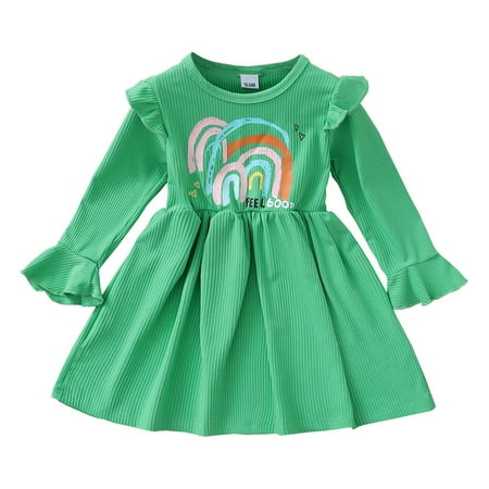 

KIMI BEAR Toddler Girls Dress 4T Toddler Girls Autumn Winter Dress 5T Toddler Girls Sweet Cartoon Print Pit Stripe Flared Long Sleeve Dress Green