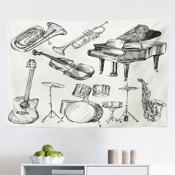 Jazz Music Tapestry, Celebration Festival Theme Colorful Art with Music Notes and Saxophone, Fabric Wall Hanging Decor for Bedroom Living Room Dorm, 2 Sizes, Orange Green Red, by Ambesonne