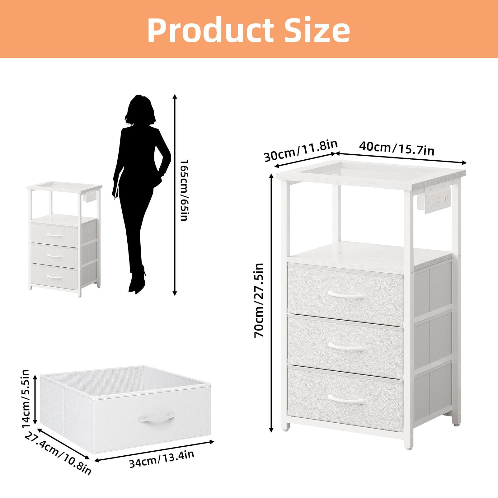 3 Drawer Nightstand with Charging Station, Glass Top Bedside Table with 2 AC Outlets and 2 USB Ports, RGB LED Light, Open Shelf, Fabric Drawers for Bedroom