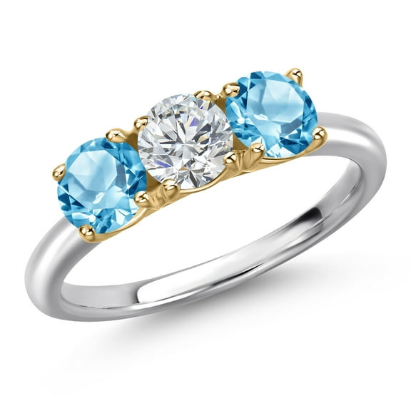 Gem Stone King 10K Two Tone Gold Lab Grown Diamond and Swiss Blue Topaz Engagement Ring for Women | 1.80 Cttw | Round 5MM | Gemstone April Birthstone | Size 9