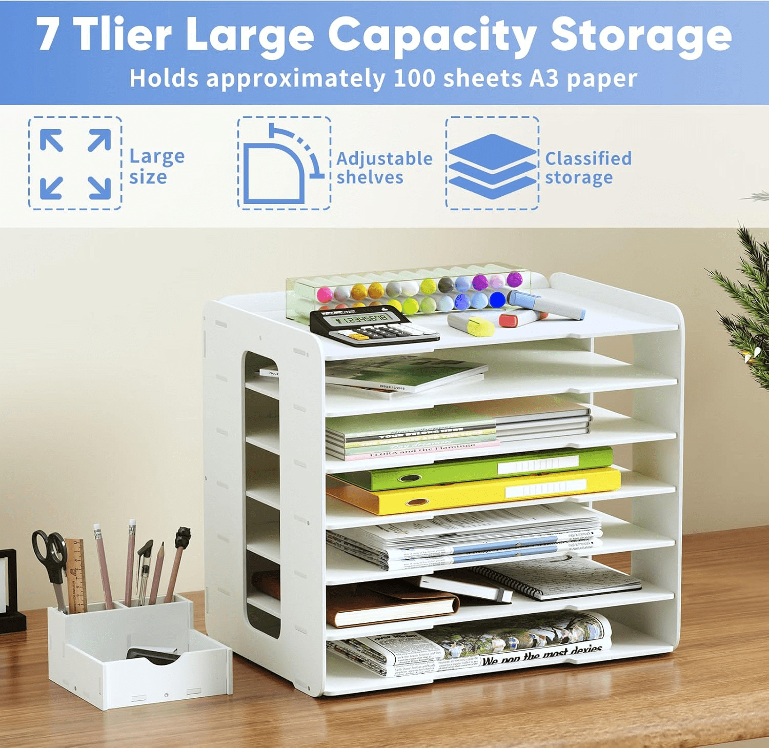 Gtouse 7-Tier Desk File Organizer, 11x17 Inches Large Size A3 Paper Organizer, Desk Organizer for Office Documents, Home