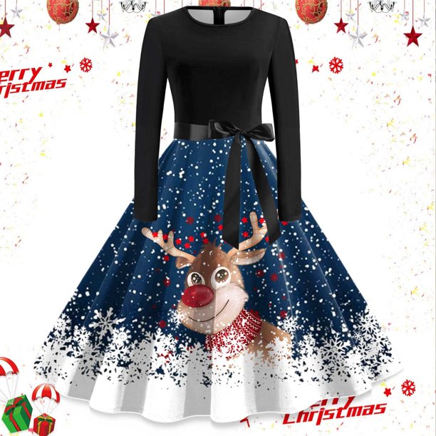 Vestidos de Dama Vestido de Mujer de Corte A Vestido de Navidad de Manga Larga Con Cuello Redondo y Lazo Vestido de Falda de Fiesta de Cintura Elegante