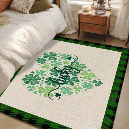 Area Rug 48&times;72in Irish St. Patrick s Day Four-Leaf on Linen Floor Carpet Living Room Rug Love Heart Stretched Non-Slip Welcome Mat Indoor Rugs for Bedroom Dining Room