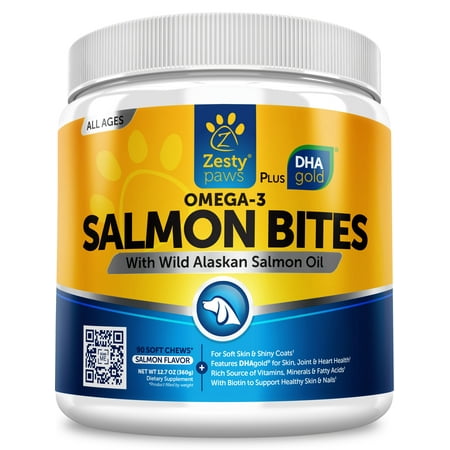Zesty Paws Wild Alaskan Salmon Fish Oil Soft Chews for Dogs with Omega 3 for Skin & Coat, 90 Soft (Best Salmon Oil For Dogs)
