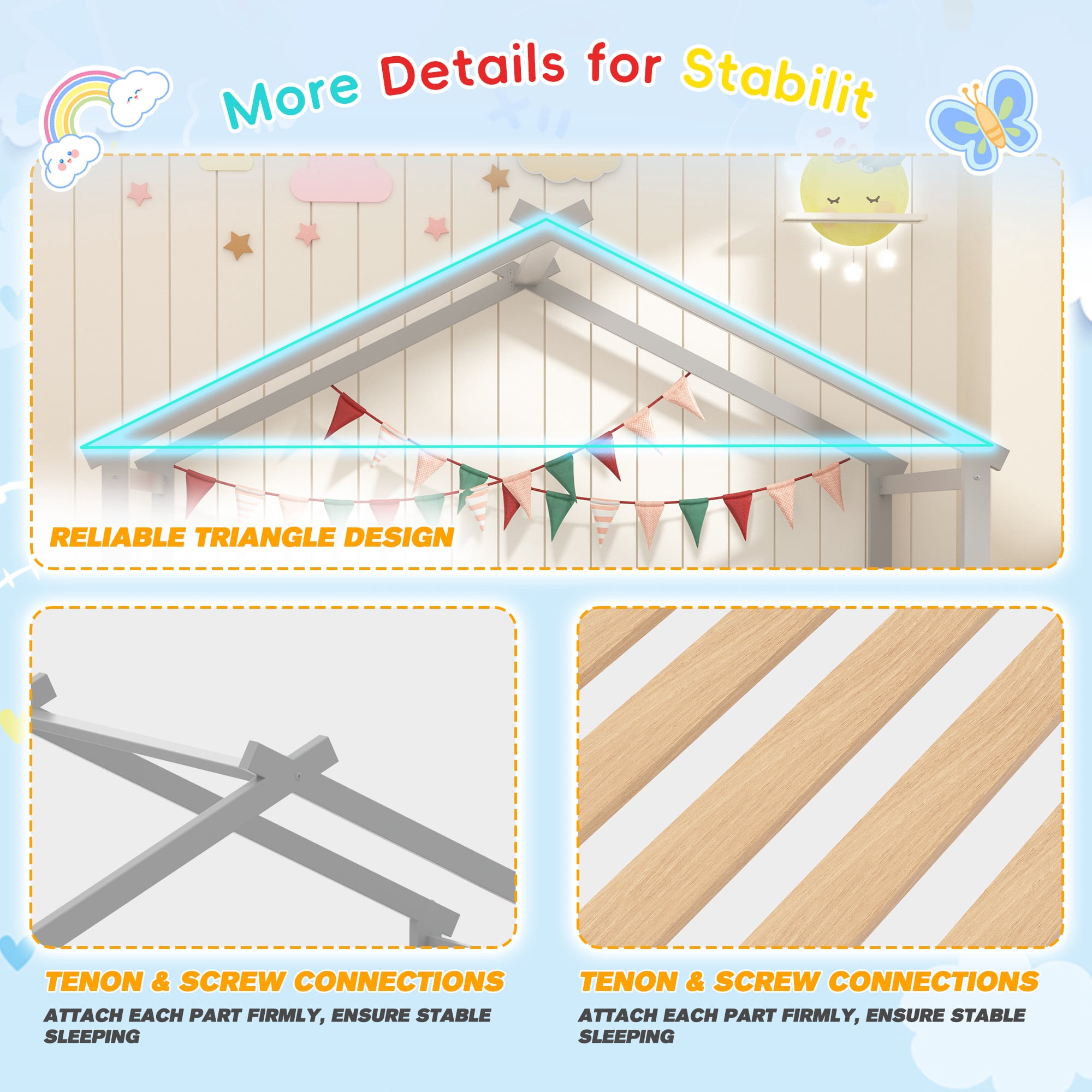 Joywind Twin Solid Wood House Floor Bed Frame with Safety Guardrails, Kids Bed for Boys Girls