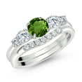 thumbnail image 2 of Gem Stone King 10K White Gold Green Chrome Diopside and White Lab Grown Diamond 5 Stone Bridal Engagement Wedding Ring Set for Women (0.81 Cttw, Round: 5MM and 3MM, Size 9), 2 of 6