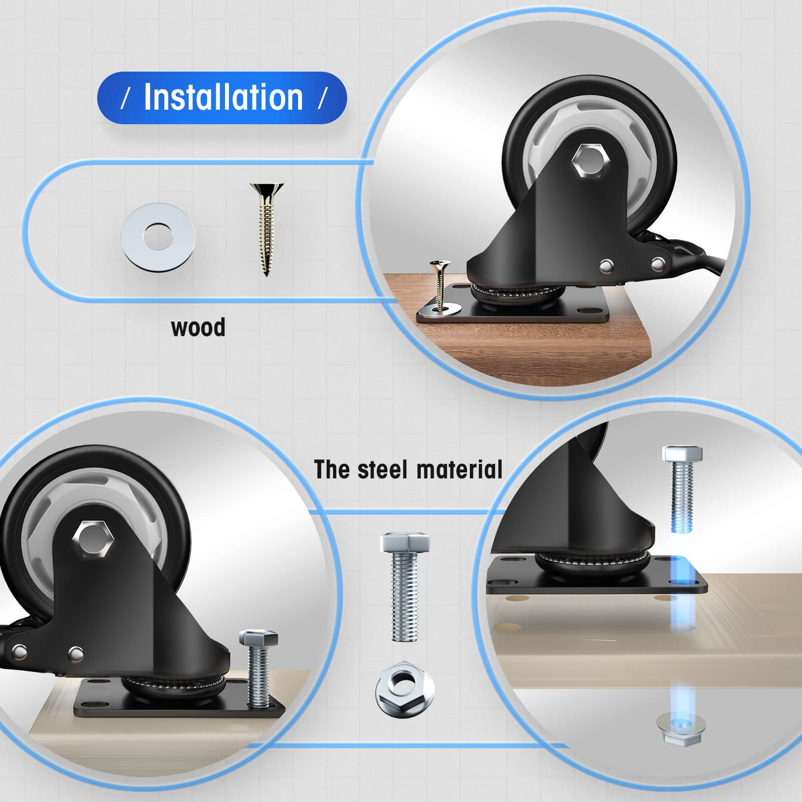 Caster Wheels - 3 Inch Casters Set of 4 Heavy Duty - ASHGOOB Black Polyurethane Castors, Top Plate Swivel Wheels, 4-Pack Industrial Casters with Brake, Locking Casters for Furniture and Workbench