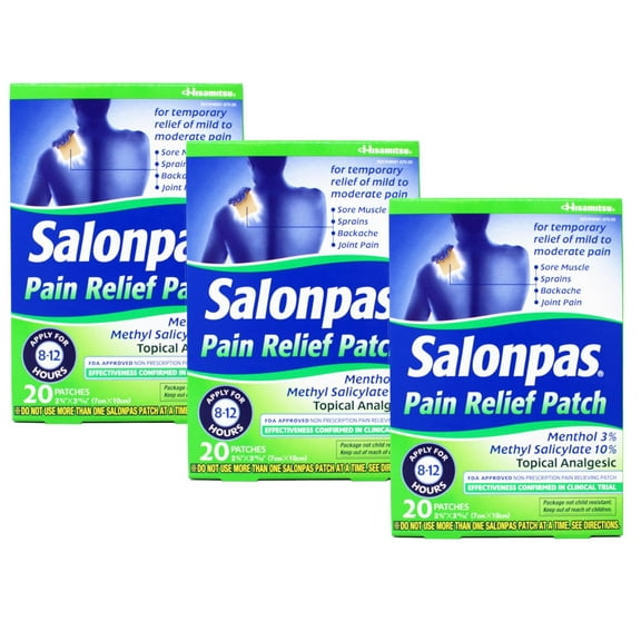 Salonpas Pain Relieving Menthol and Methyl Salicylate Patch, 20 Count, for Back, Neck, Shoulder, Knee Pain and Muscle Soreness, 12 Hour Pain Relief - 3 Pack