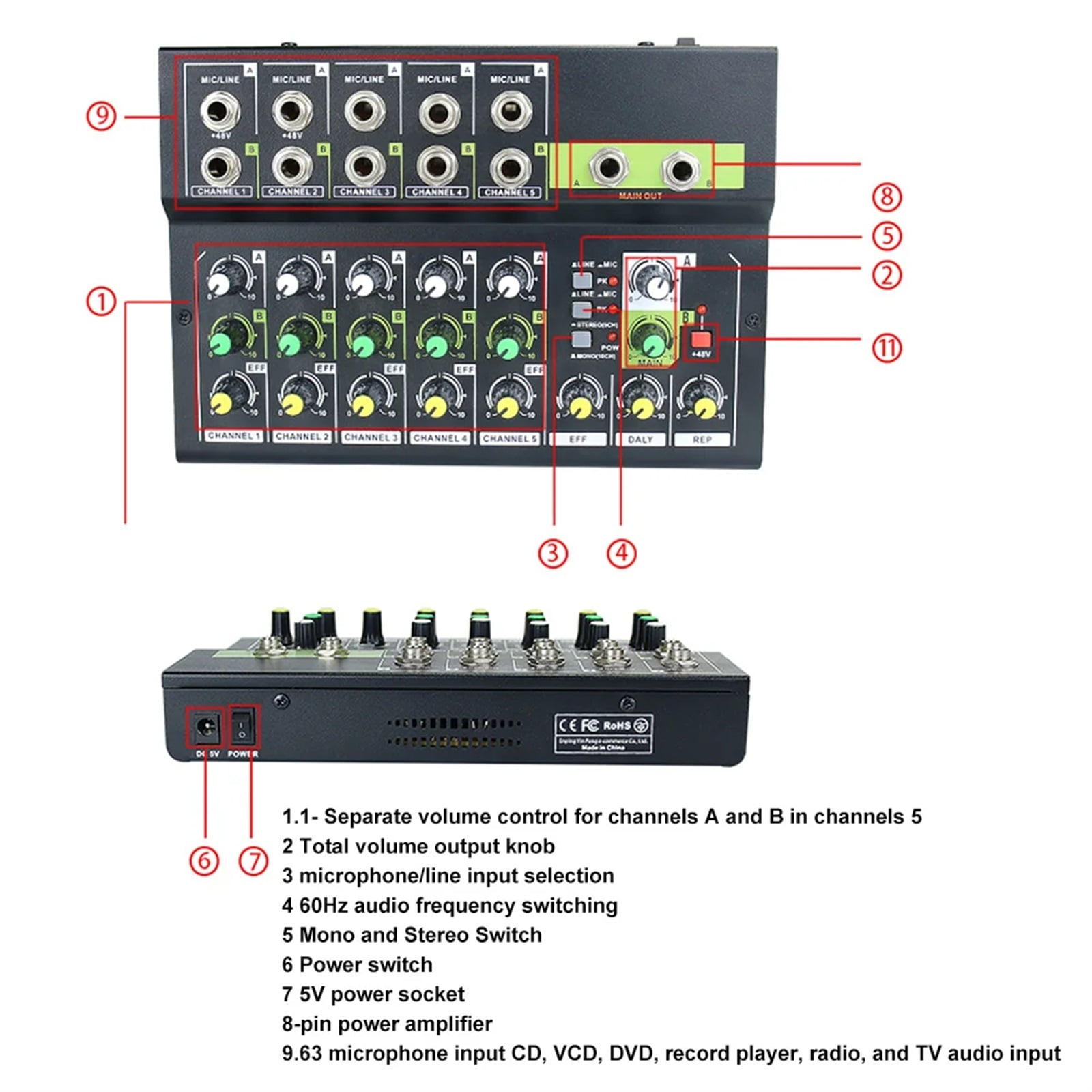 Professional 10 Channel Digital Mini Audio Mixer Stereo Mic/Line Mini Mixer 48V Volume Control for Recording DJ Live Broadcast ,Precision Control