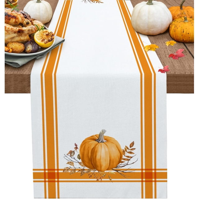 Fall Thanksgiving Table Runner Pumpkin Leaf Branch Runners for Dining Tables Orange Stripes Autumn Dinner Runner Kitchen Parties Decor 13" x 108"