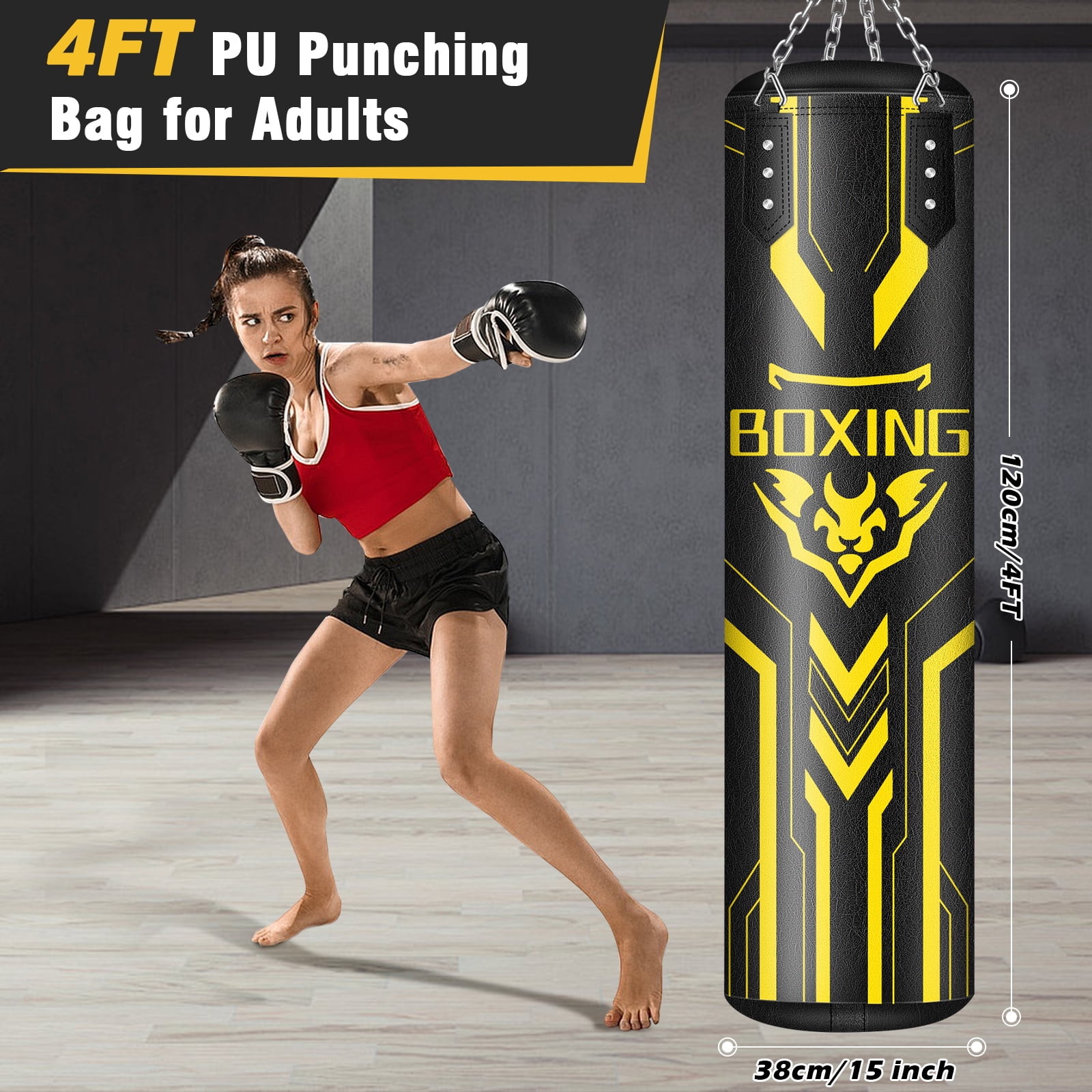 YORWHIN Hanging Punching Bag for Adults, 4FT PU Heavy Boxing Bags with Chain Ceiling Hook, Boxing Training Equipment for Training Muay Thai Karate Kickboxing Taekwondo Home Gym,Unfilled