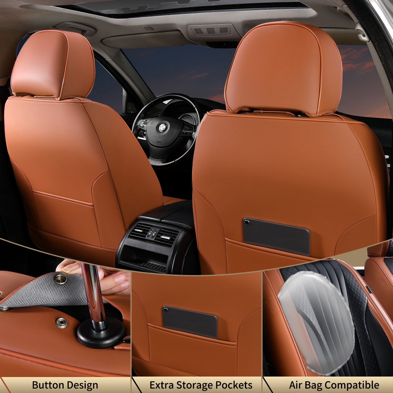 FLORICH Car Seat Covers, 2 Seats Waterproof Faux Leather Seat Cushions, Auto Protectors Universal Fit Most Cars, Black&Brown