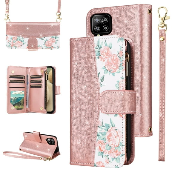 Furiet for Samsung Galaxy A12/M12 Floral Wallet Case with Flip Zipper Purse Wrist Strap Shoulder Strap, Luxury Glitter PU Leather Card Holder Stand Phone Cover for A 12 5G A-12 S12 12A 4G Rose Gold