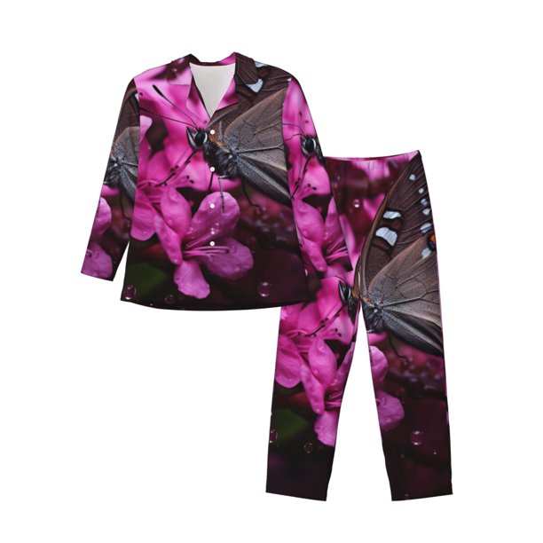Fotbe Pink Blossoms Butterfly Pijama de Hombre con Estampado de Manga Larga, Conjunto de 2 Piezas, Ropa de Dormir Suave y Cómoda con Bolsillos-Small