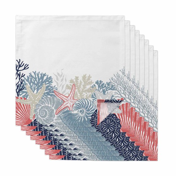 Coastal Coral Cloth Napkins, Ocean Starfish Beach Conch Navy Marine Life Washable and Reusable Dinner Napkins Set of 8, Table Napkin for Kitchen Party Birthday Wedding Hotel Housewarming 20"x20"